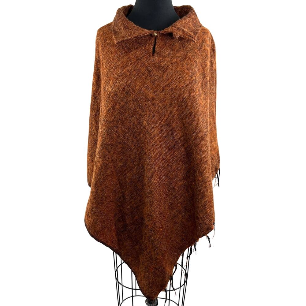 Zig Zag Burnt Orange Button Fringe Trim Pullover Collared Cape Poncho NEPAL OS